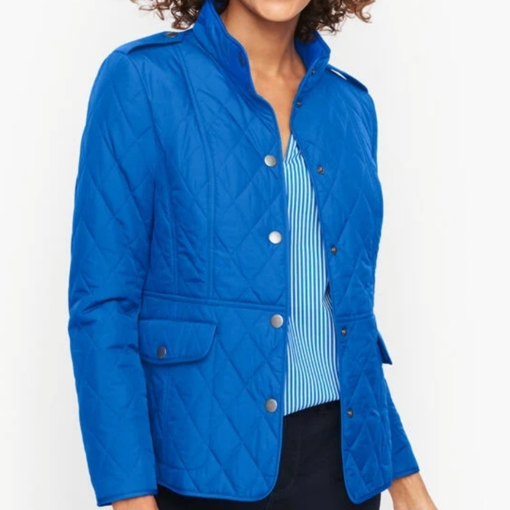 Talbots Port Blue Quilted Jacket Size P Barn Pockets Snap